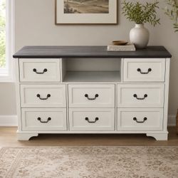 55” Farmhouse Dresser with 8 Drawers & Open Storage Shelf, White Wood Chest of Drawers for Bedroom & Living Room
