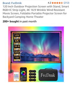 New 120” projector screen W stand/smart RGB plus IC strip light W remote