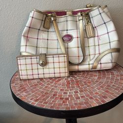 Coach Tattersall Plaid Peyton Pebbled Leather Shoulder Bag Cream Gold Pink Blue