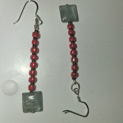 Vintage Handmade Glass Dangle Earrings With Natural Stones