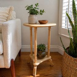 Vintage Demi-lune Fern Stand Solid Wood Small Space Rustic Pedestal Table Plant Entryway Nightstand Minimalist Organic Bedside Natural 