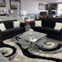 2PC Black Velvet Sofa & Loveseat 