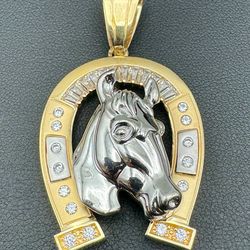 14k two tone gold Horse head in Horseshoe CZ stone Pendant Charm 13.4 grams