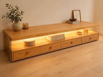 JASIWAY Wood Media Center TV Stand with Shelves, 4-Drawer & light