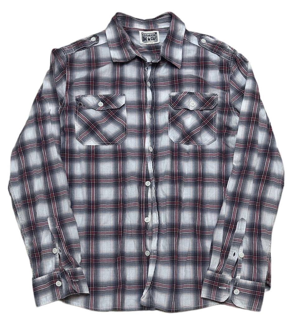 Converse One Star Button Up Men’s L Red Grey Plaid Flannel Pocket Shirt RN17730