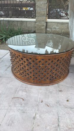 Round Wood Carved Coffee Table with Glass Top