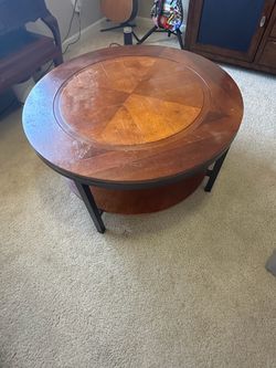 36” Round Wood Coffee Table with Lower Storage Shelf