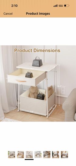 : Olldide - 3-Tier Bedside Table With Storage, Modern Square Nightstand With Fabric Storage Basket & Drawers, White