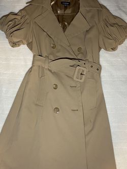 Bebes Trench Coat, Red motorcycle jacket & Tan 80s inspired dress