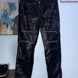 Vintage Y2K Black lace-up leather biker pants- punk goth motorcycle zipper detail