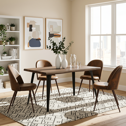 Homy Casa LANCELOT+HAVEN 5PC Dining Set 63” Walnut Wave Edge Table with 4 Haven Suede Brown Chairs Walnut Legs