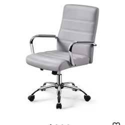 Mid-Back Office Chair with Arms Swivel PU Leather Height Adjustable Office Executive Chair, Light Gray
