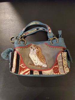 Classic Western Owl Embroidered Concealed Carry Tote Bag, Blue/Brown, Like New