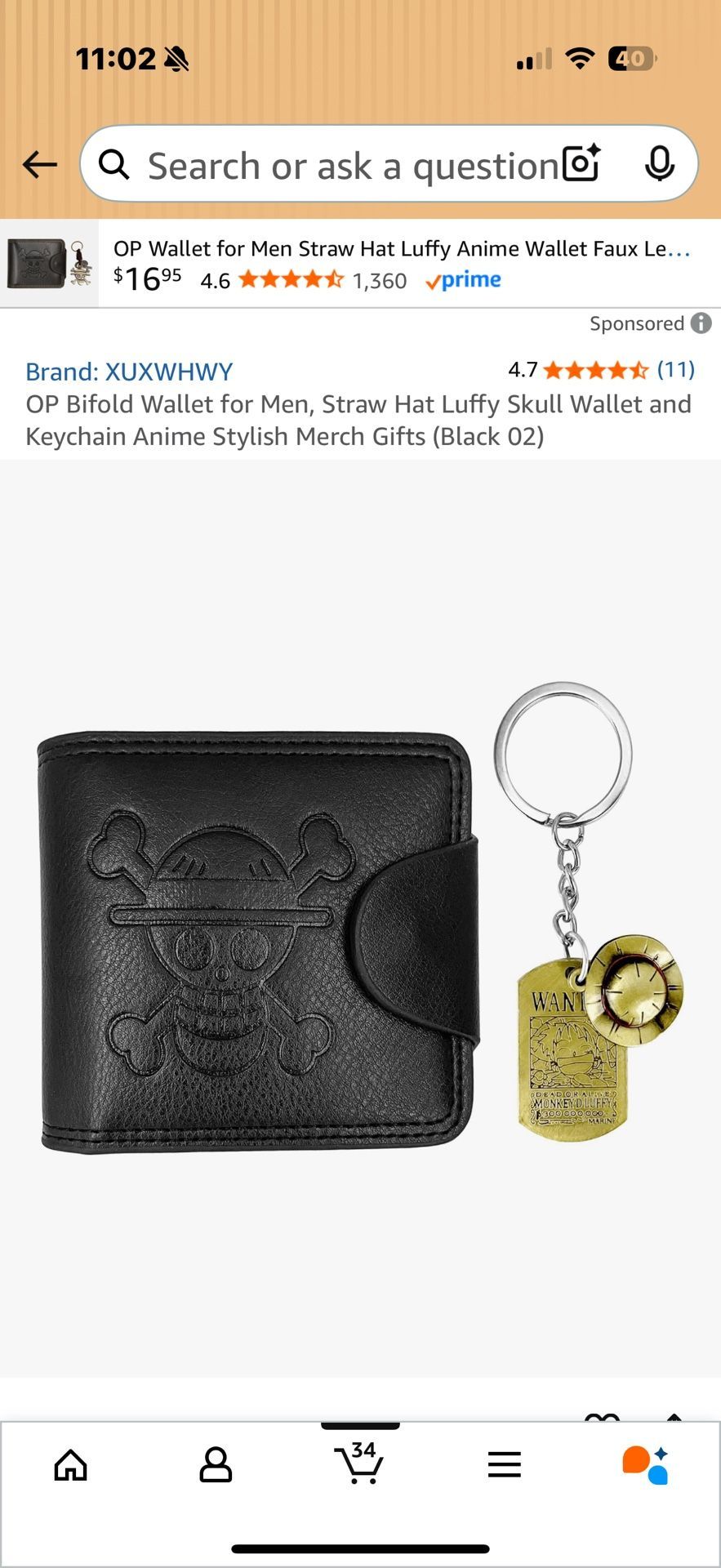 OP Bifold Wallet for Men, Straw Hat Luffy Skull Wallet and Keychain Anime Stylish Merch Gifts (Black 02