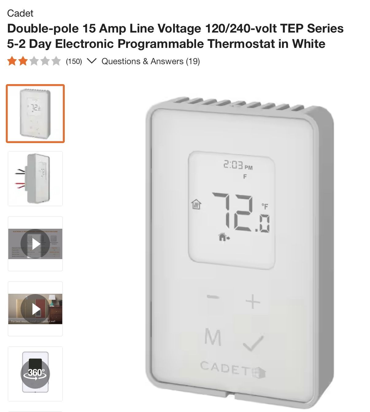Double-pole 15 Amp Line Voltage 120/240-volt TEP Series 5-2 Day Electronic Programmable Thermostat.