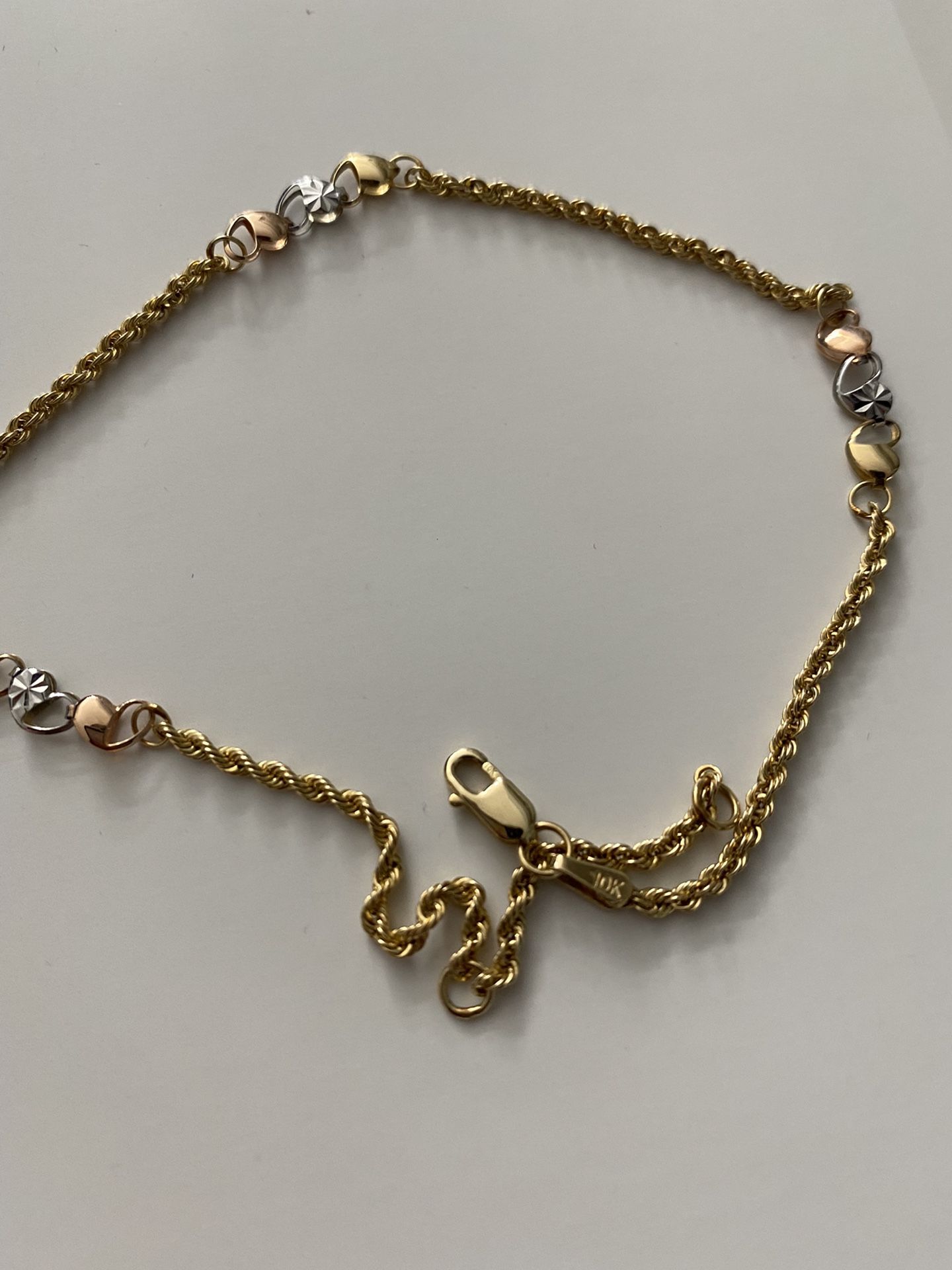 10K Gold, silver and rose gold anklet/ bracelet (10 in)