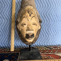 Vintage African Carved Wood Mask On Iron Stand