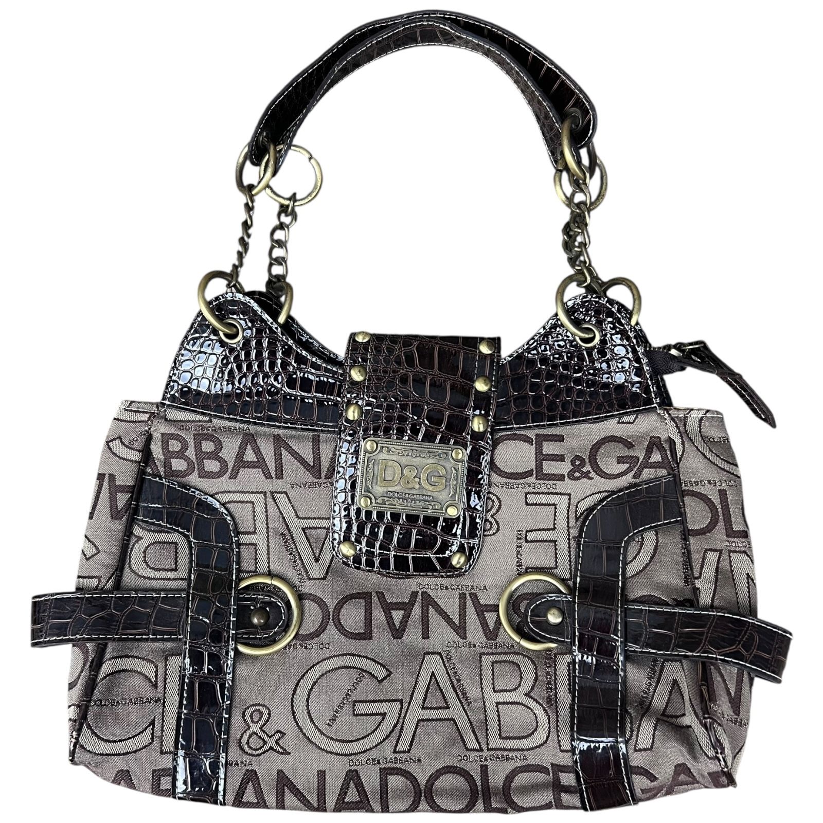 Vintage D&G Dolce & Gabbana Brown Leather Shoulder Bag All Over Logo (Has Stain)
