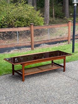 Scandinavian Mid Century Modern Walnut & Rattan Coffee Table by Dux