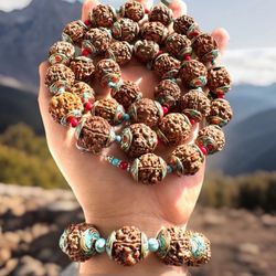 Vintage Rudraksha Beads Yoga Mala Necklace Capped With Inlay Stones 35”inch Long