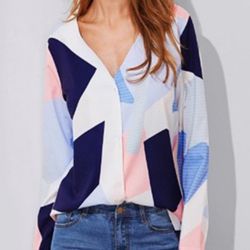 NWOT Geometric Patterned Women's Roll Up Long Sleeve Blouse