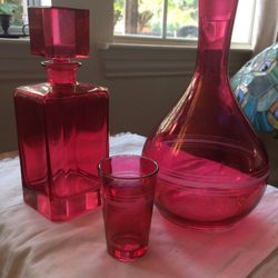 Two Red Decanters Incl A Rare Square Carafe 