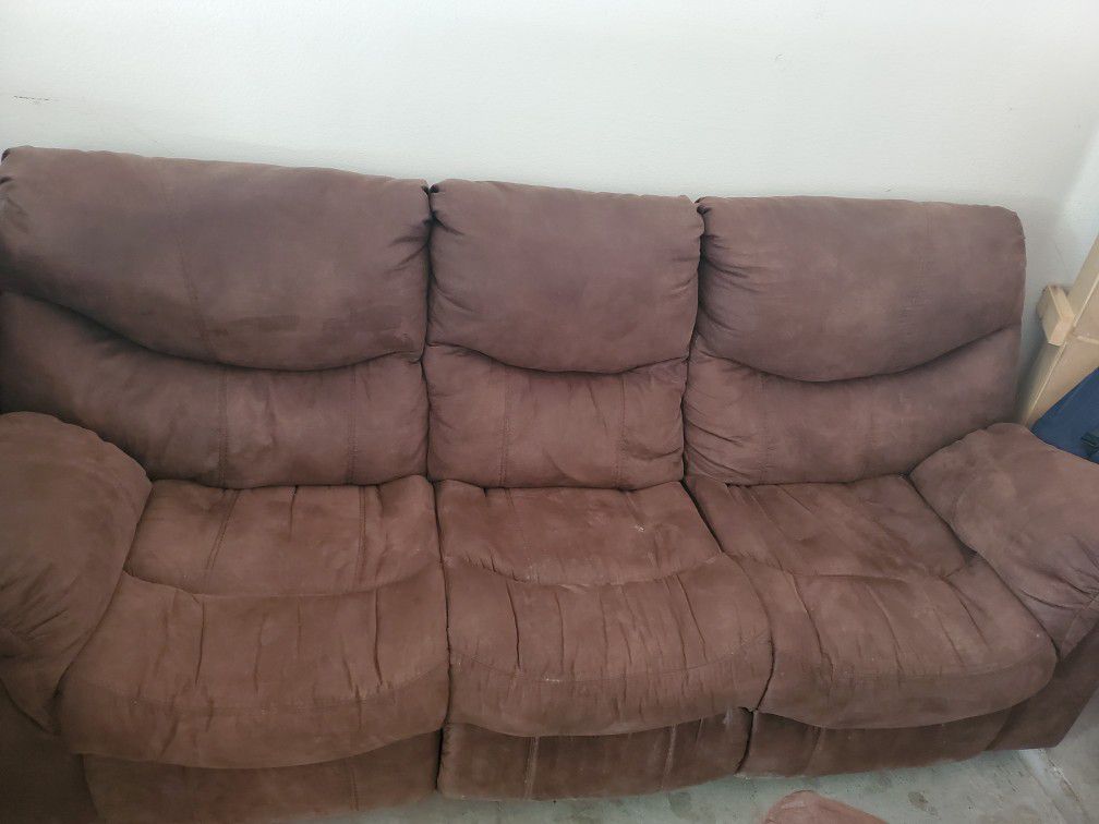 Brown microfiber couch, loveseat and recliner