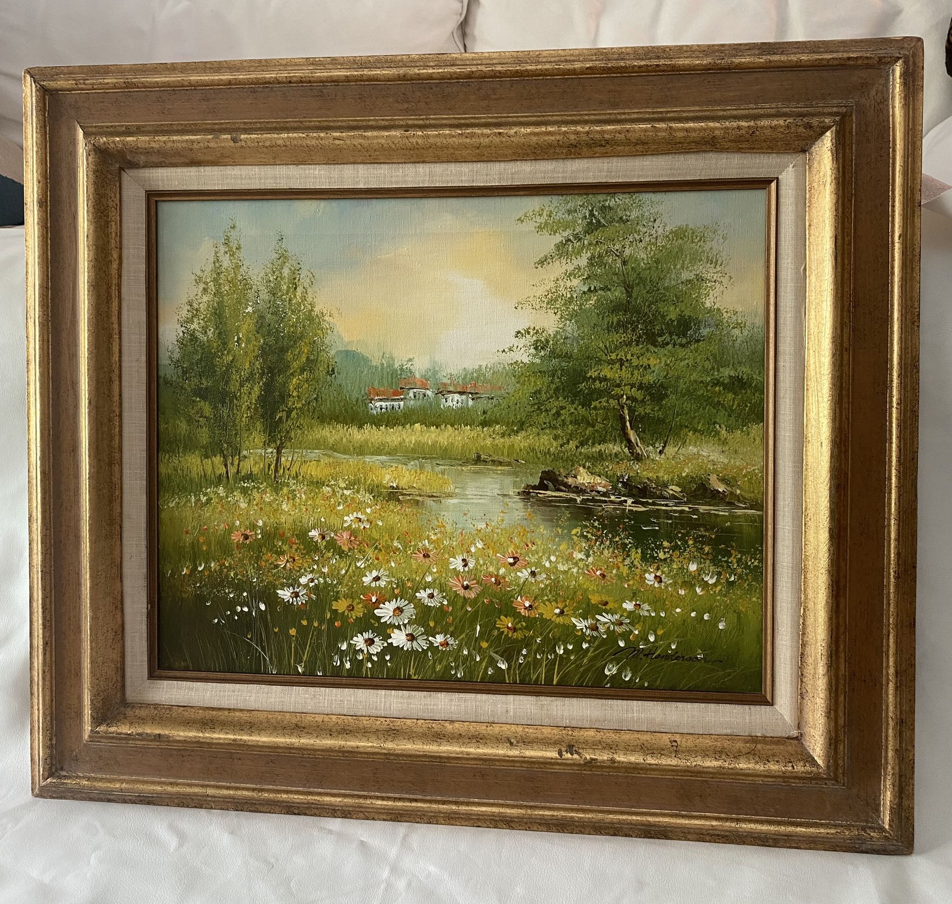 Vintage mid century Original Impressionist Oil Painting Country Landscape Wood Gold Frame 1970’s