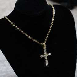 Gold Toned Stainless Steel Cubic Zirconia Cross Chain
