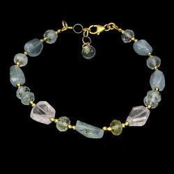 Natural Aquamarine & Quartz Gold Bracelet 925