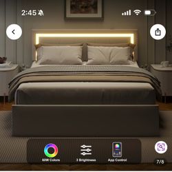 Full bed Frame With 4 Storage Drawers, Led 凸 Lights And Usb Ports, Upholstered Platform Bed Solid Wooden Slats Support, Beige