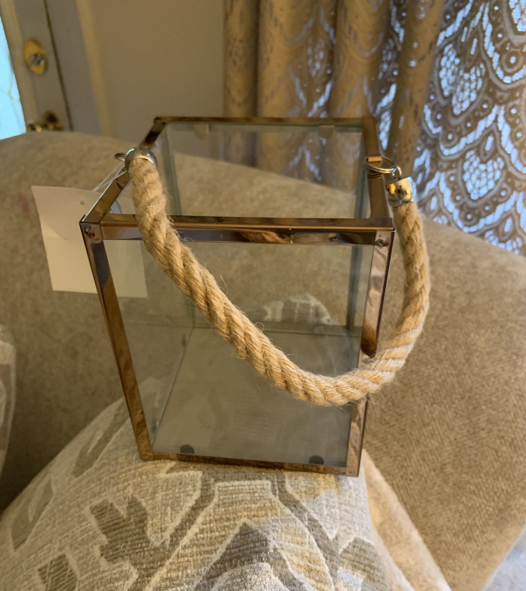 Glass Square Candle Holder with rope handle New