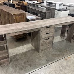 Farmhouse 96.5" Computer Desk with Drawers, 2 Person Home Office Desk, Gaming Double Desk with Storage Shelves, Long Two Person Writing Desk (Grey)