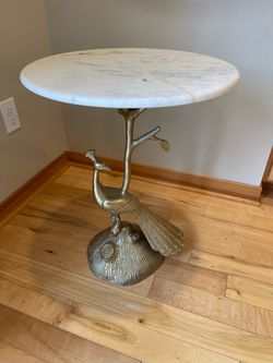 Round White Marble and Antique Brass Peacock Side Table