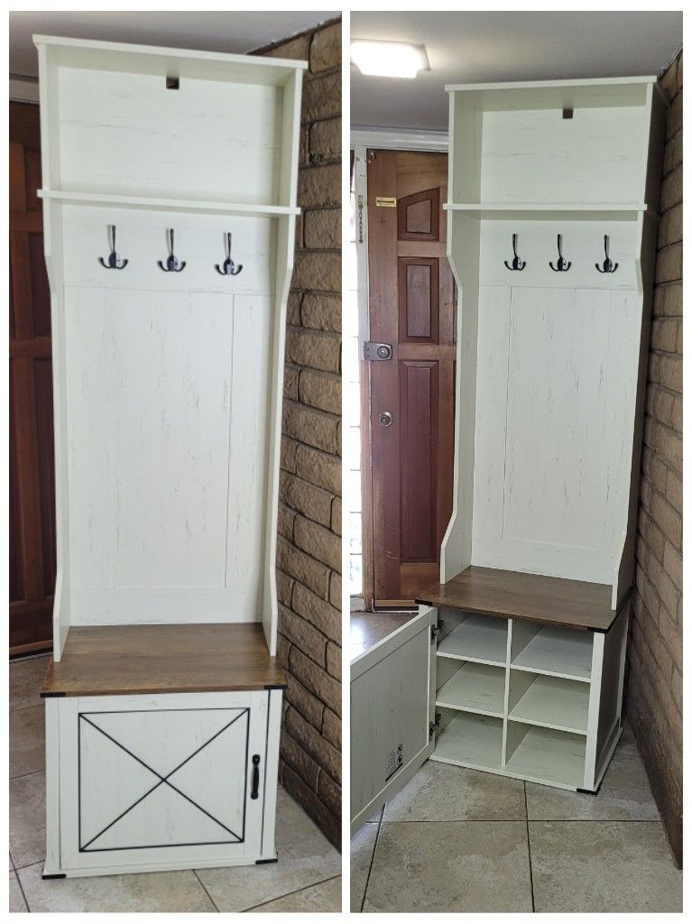 Barn Door Hall Tree with Bench and Shoe Storage / Coat Rack with Shoe Bench