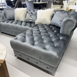 Royal Grey Sectional Tufted With Pillows 