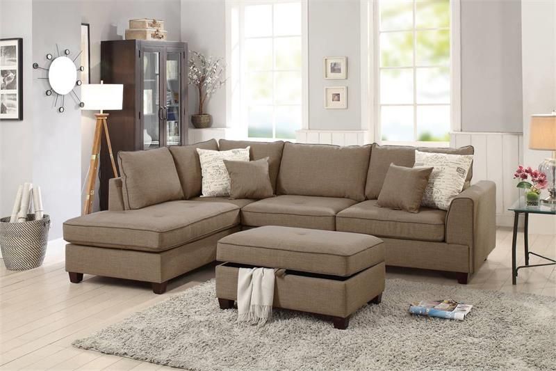 3 Piece Reversible Sectional Set W/ Storage Ottoman – Mocha Color