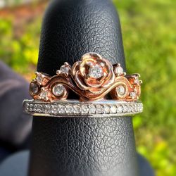 Disney .925 Sterling silver 14k rose gold plated Belle Natural Diamond Rose Vine 1/6CTW Ring