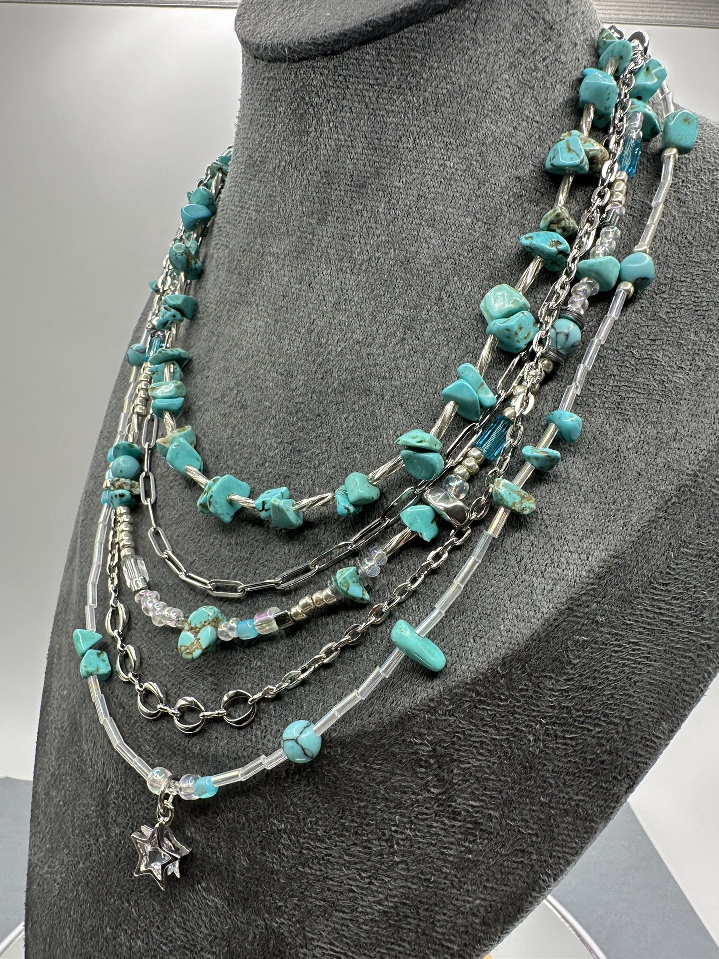 Boho style volume turquoise and chain choker, multi strand, 5 rows, beach style multilayered blue necklace