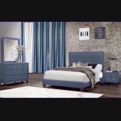 MODERN   Queen Size Blue  Four Piece Bedroom Set. Mattress sold separately 