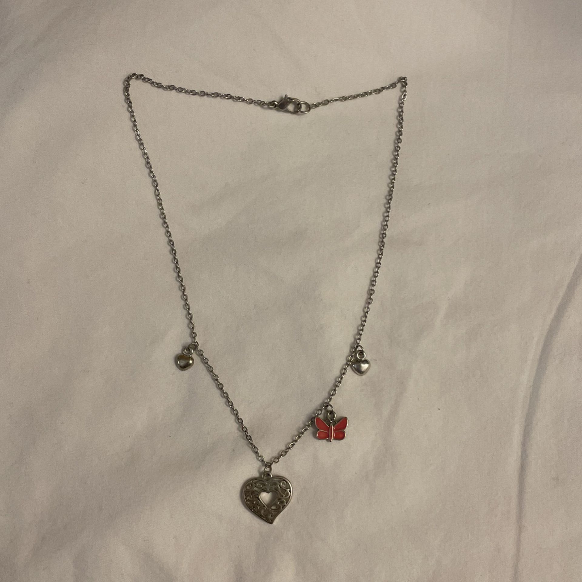 Silver Necklace With Hearts And Butterfly $18 Or Best Offer 