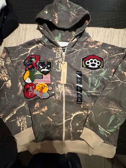 Reason Brand Camo Zip-Up Hoodie with Patches