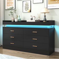 6 Drawer Dresser with LED Light and Charging Station, Modern Chest of Drawers for Closet, Wide Drawer Organizer Cabinet for Bedroom, Living Room, Entr