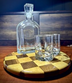 Whiskey Decanter And Glass Set With Wooden Tray