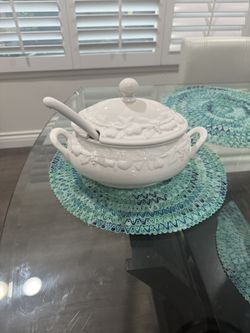 Vintage White Ceramic Soup Tureen with Ladle