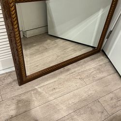 Walnut Carved Wood Frame Beveled Glass Mirror 42” X  29”