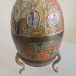 Vintage Brass Enamel Trinket Box Egg Shape On Stand 