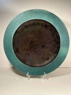 Vintage Masuo Ojima Ceramic Platter Turquoise & Gold Wall Art 20”D Signed