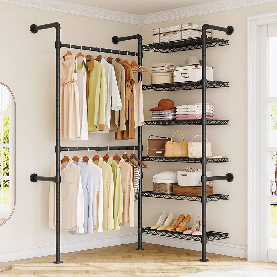 L2 Wall Mounted Closet System, Industrial Pipe Clothing Rack Clothes Racks with 2 Telescopic Rod & 6 Shelves, Heavy Duty Closet Organizers System in W