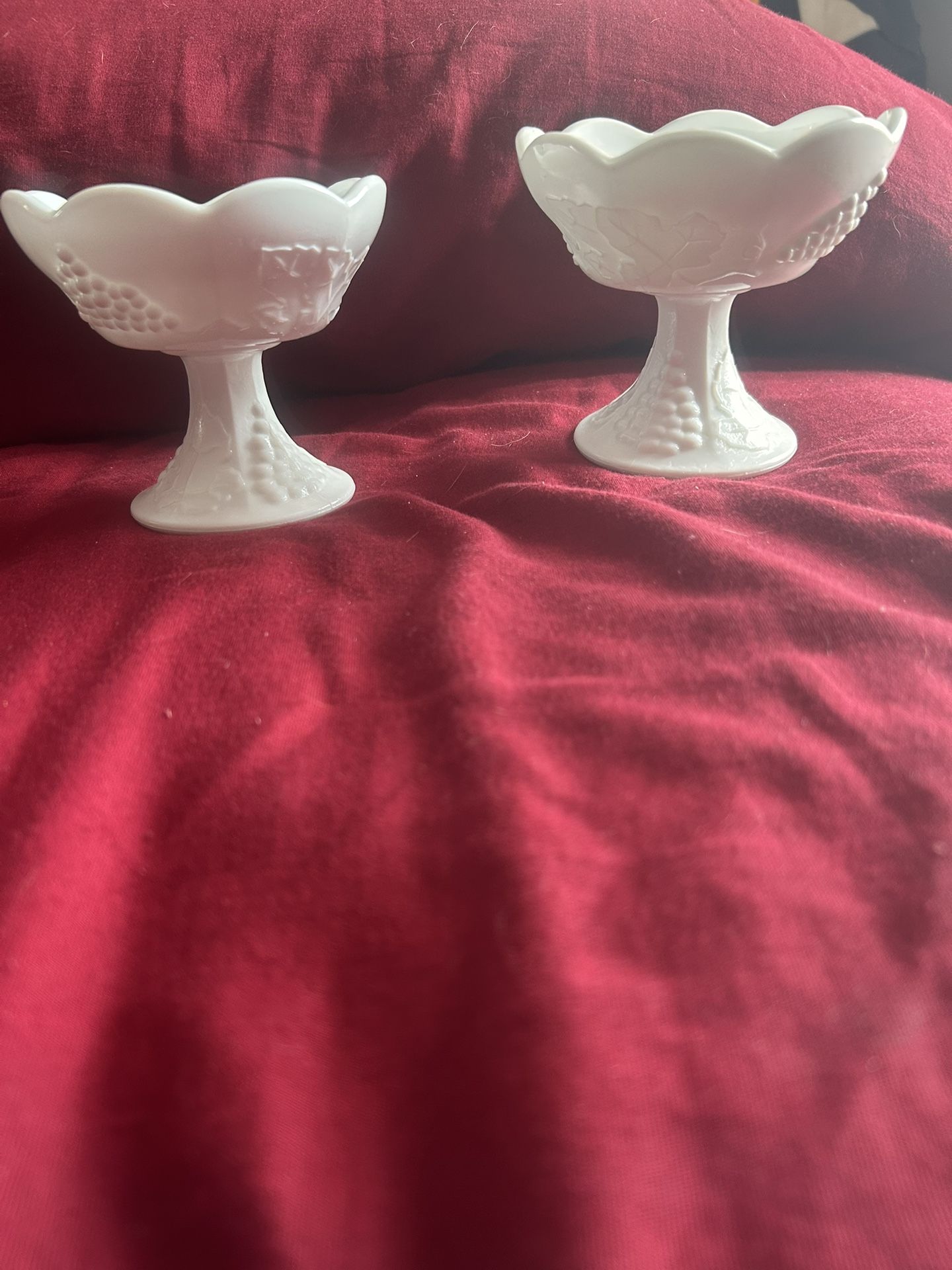 White Milk Glass Pedestal 4" Candlestick Holder with Grapes and Leaves Set Of 3